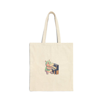 Cute Hippo Playing Piano Cotton Tote Bag — Musical Animal Canvas Shopper